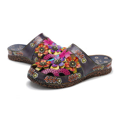 Socofy Spring Summer Genuine Leather Hand-painted Outside Slides Handmade Flower Flat