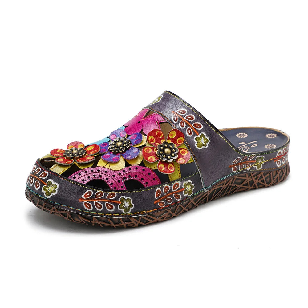 Socofy Spring Summer Genuine Leather Hand-painted Outside Slides Handmade Flower Flat