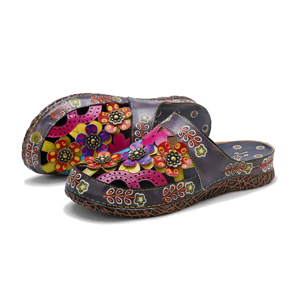 Socofy Spring Summer Genuine Leather Hand-painted Outside Slides Handmade Flower Flat