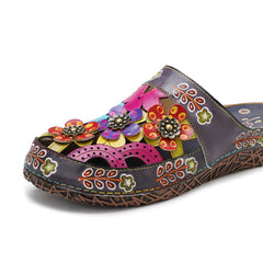 Socofy Spring Summer Genuine Leather Hand-painted Outside Slides Handmade Flower Flat