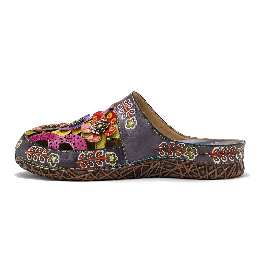 Socofy Spring Summer Genuine Leather Hand-painted Outside Slides Handmade Flower Flat