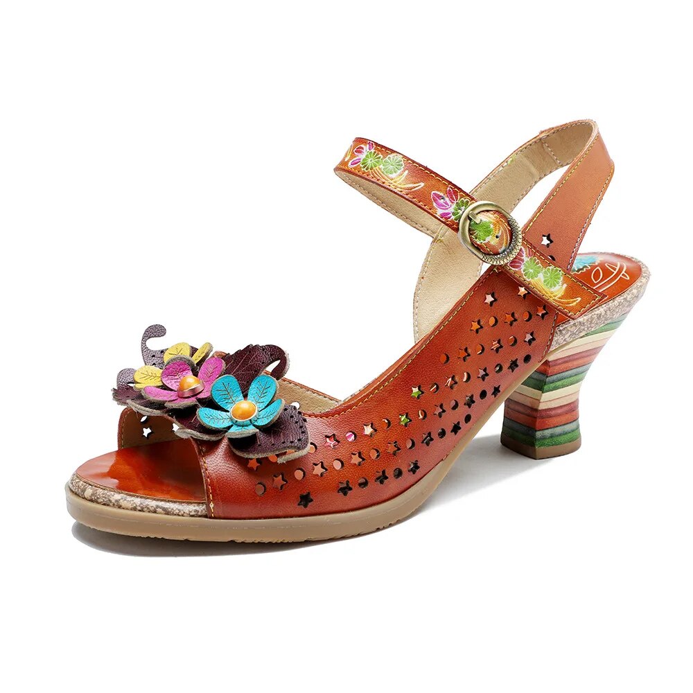 Socofy Summer New Genuine Leather Hand-painted Retro Hollow-out Flower High Heeled Sandals