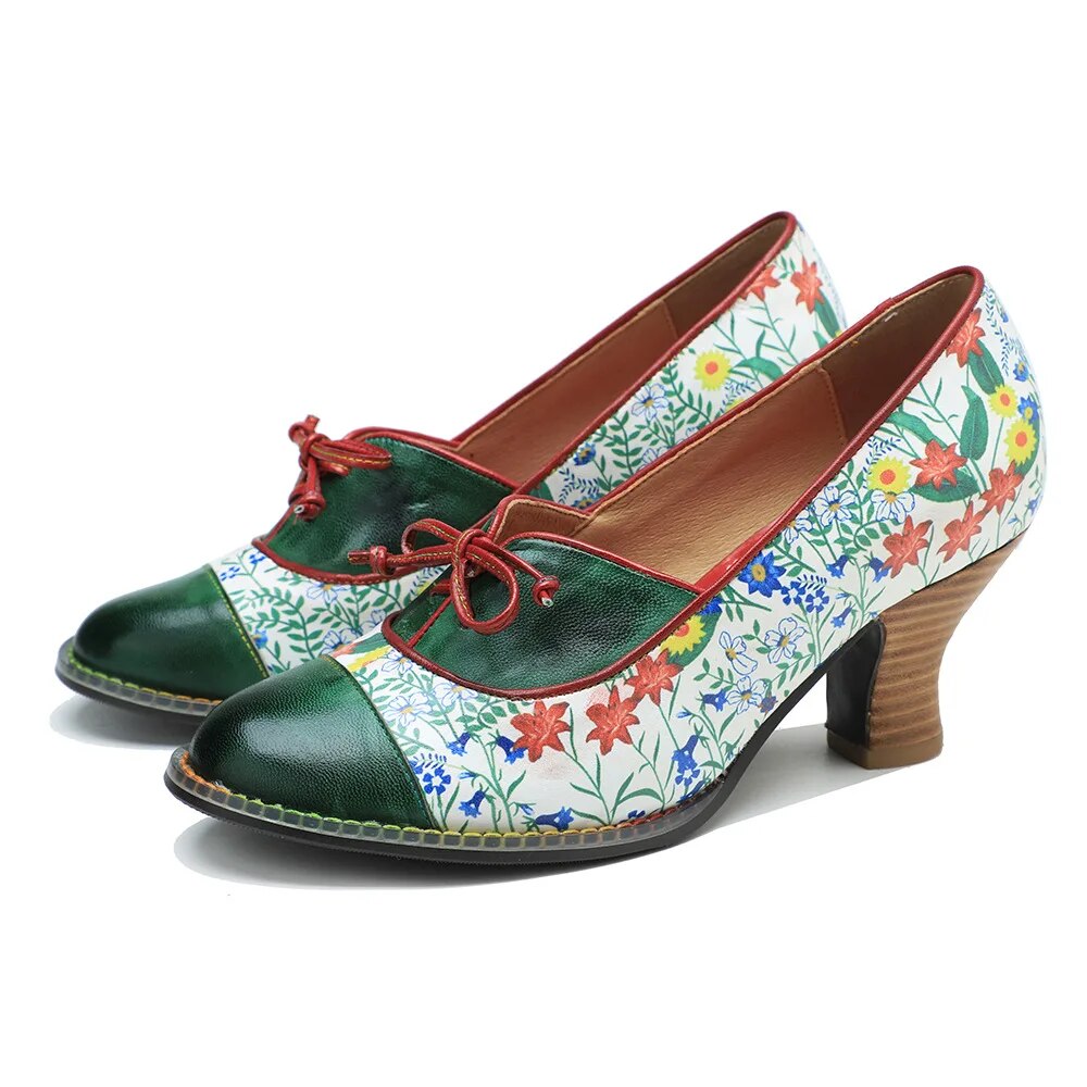 Socofy Vintage Printed Genuine Leather Block Mid Heel Ankle Hook Loop Pumps