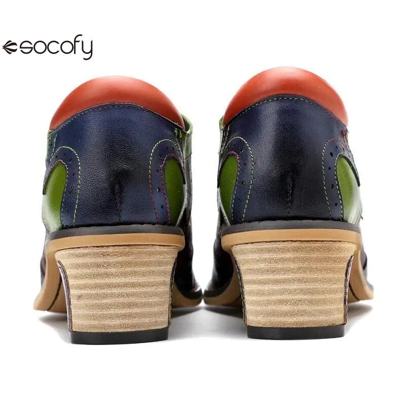 Socofy New Spring Genuine Leather Round Toe Lace-up Mixed Colors Ethnic Casual Sewing Pumps