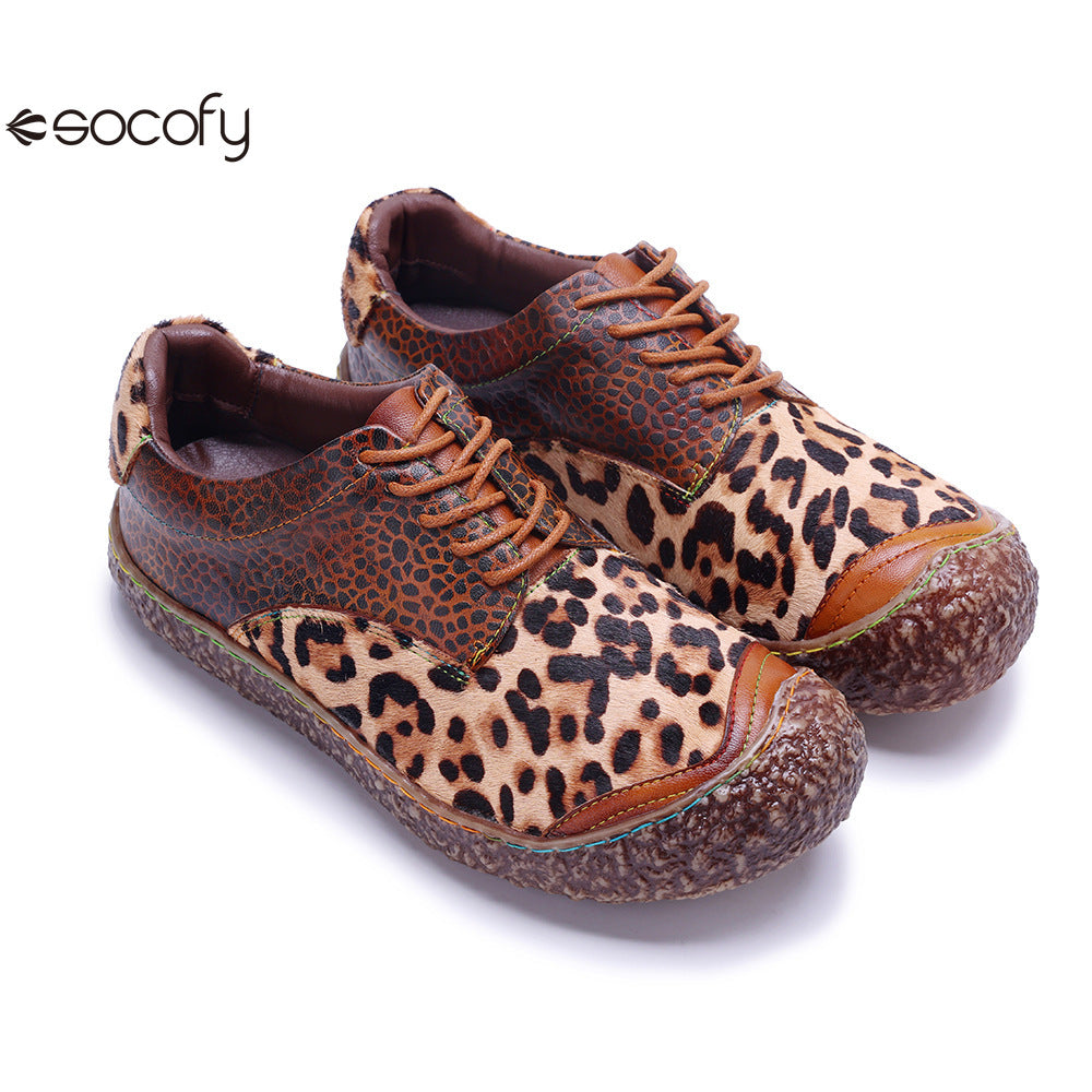 Socofy Vicconfy Genuine Leather Handmade Leopard Print Casual Comfort Loafers