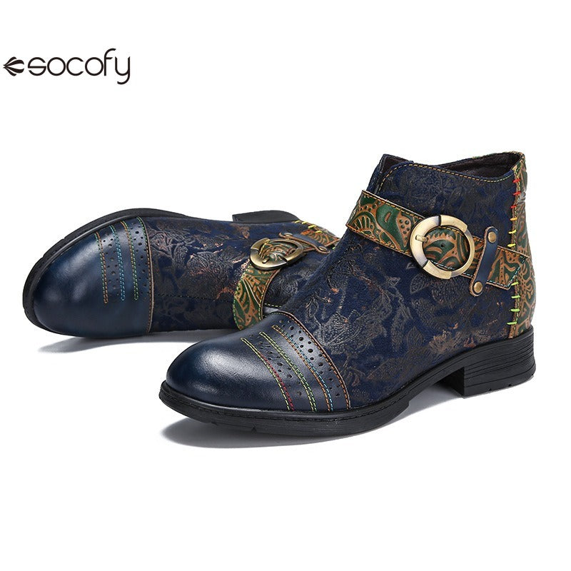 SOCOFY Genuine Leather Ethnic Style Round Toe Belt Buckle Handmade Embossing Short Boots