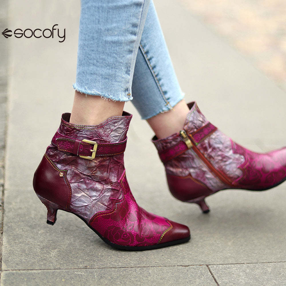 Socofy Leather Printed Patchwork Belt Buckle Slim Heel Women's Boots