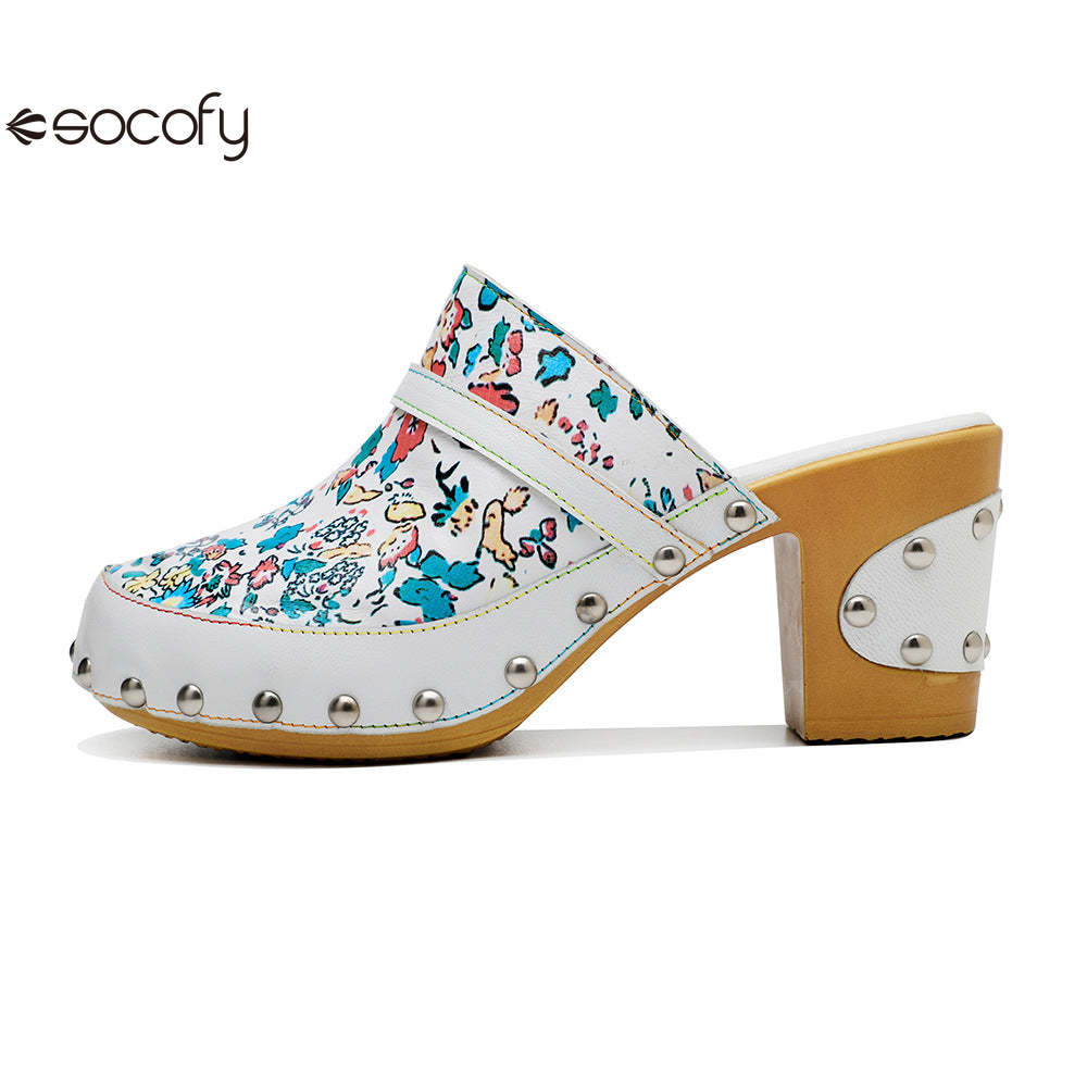 Socofy Handmade Leather Crushed Flower Rustic Casual Fashion Comfortable High Heeled Sandals