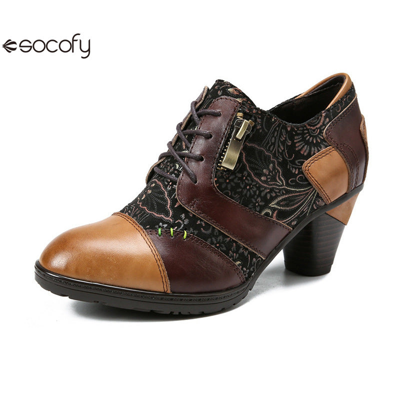 Socofy Vicconfy Genuine leather high heeled three-dimensional flowers drawstring pumps