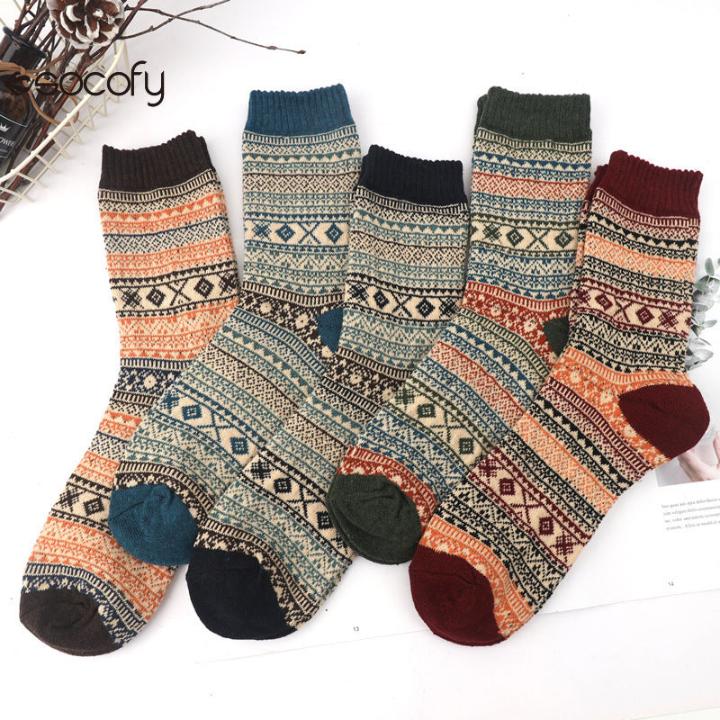 Socofy Vintage Thickened Warm Ethnic Style Wool Mid-Calf Socks