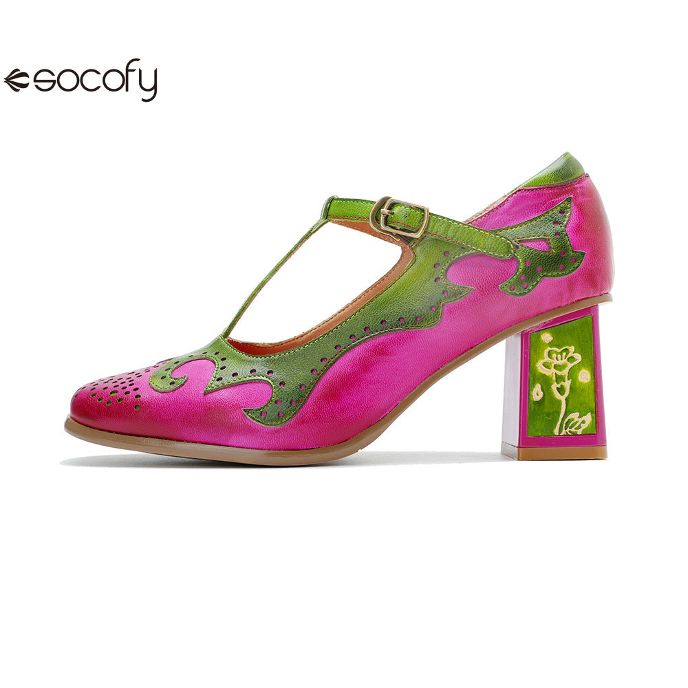 Socofy Handmade Leather Vintage Mary Jane Heels