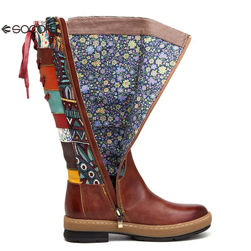 Socofy Vinatge Handmade Knee High Boots For Women Genuine Leather Shoes Women