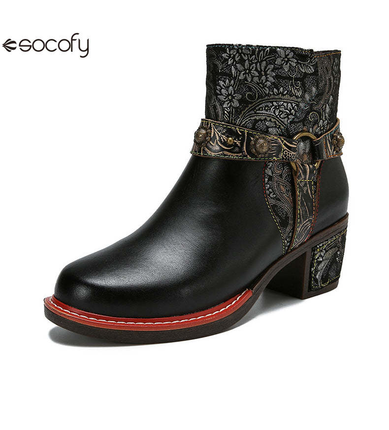 Socofy Vicconfy Ethnic Women's Leather Boots Side Zipper Fashion Boots