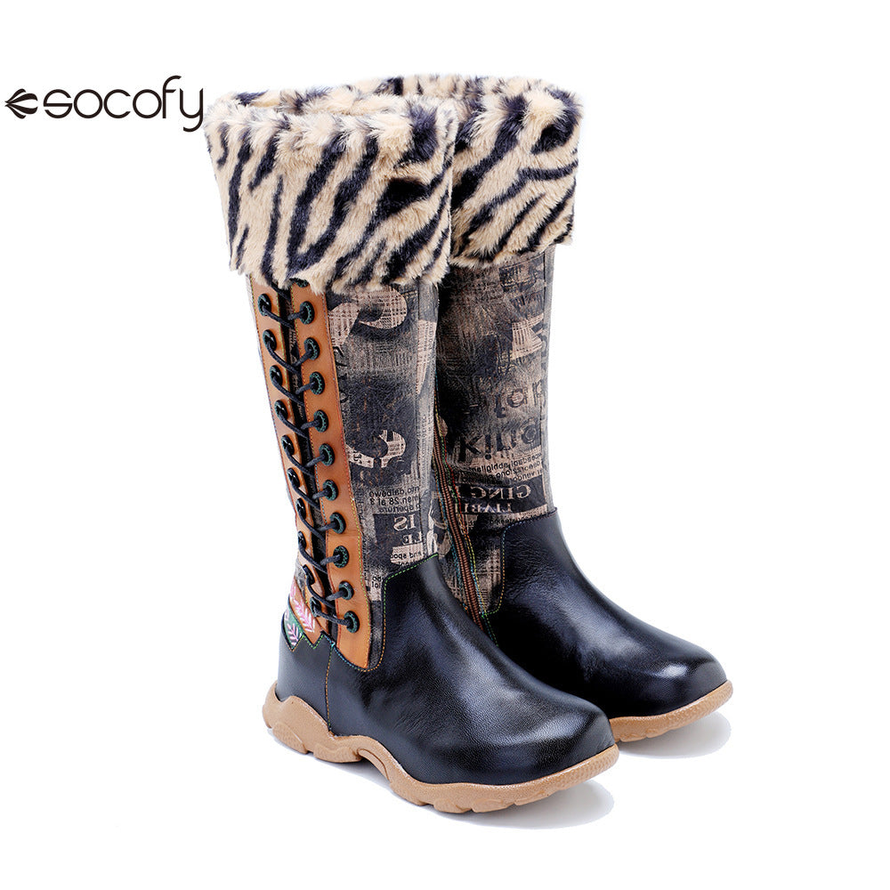 Socofy Vicconfy Printed Patchwork Padded Comfort Flat High Boots