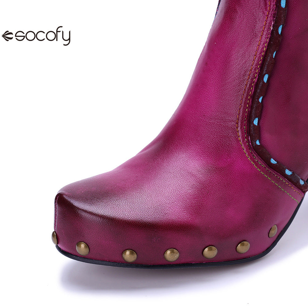 Socofy Vicconfy Handmade Leather Chic Color Ankle Boots