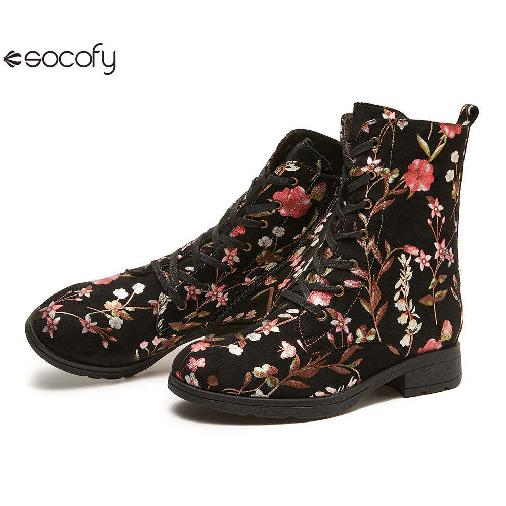 Socofy Autumn and winter warm and wear-resistant mid-calf round-toe cowhide leather fashion boots