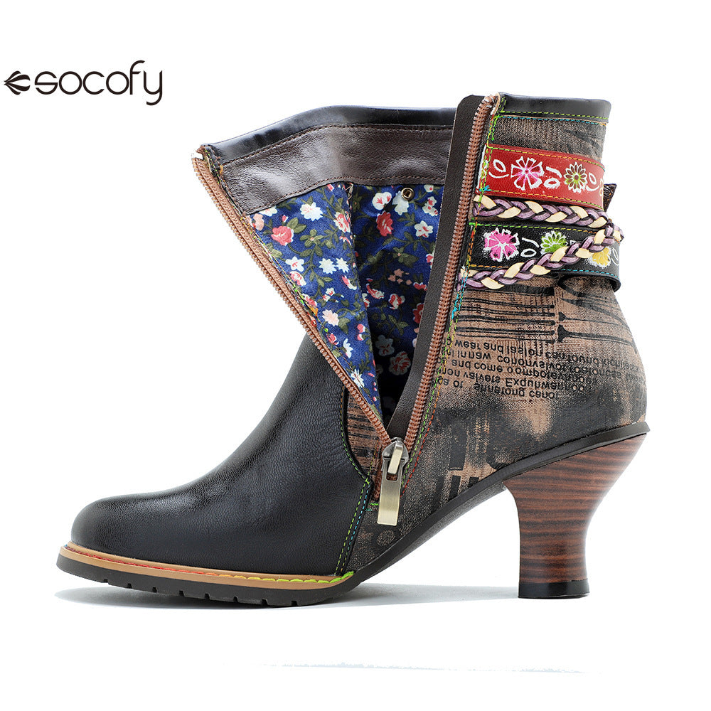 Socofy Vicconfy Genuine Leather Vintage Braided Belt Buckle Boots