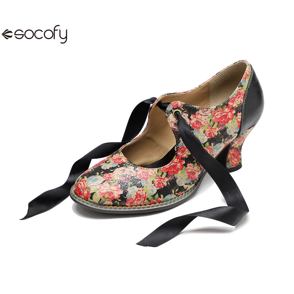 Socofy Vintage Rustic Broken Flower Strappy Bow High Heels