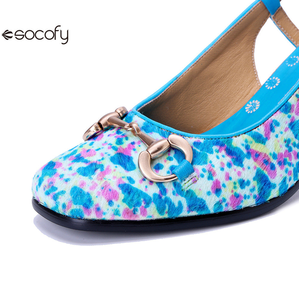 Socofy Handmade Leather Crushed Flower Chunky High Heeled Sandals