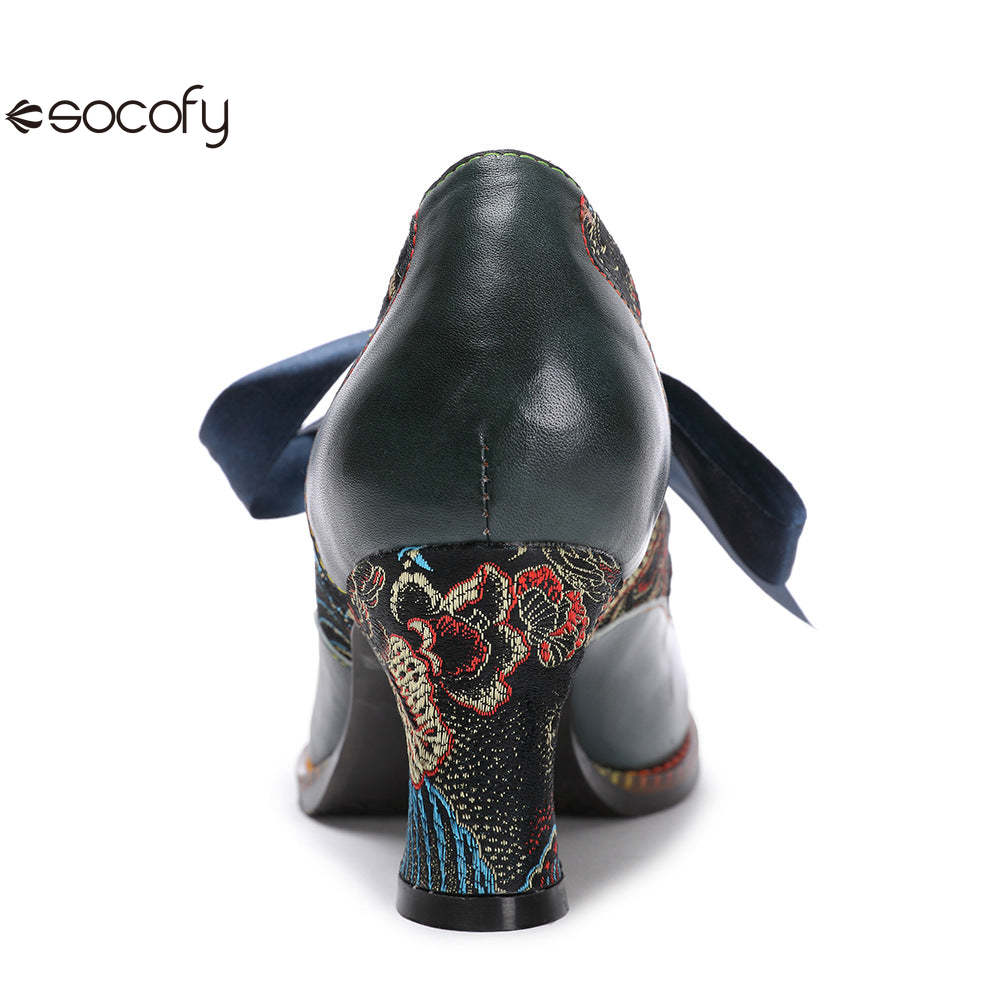 Socofy Summer flower blue ethnic style high-heeled ribbon lace-up women's shoes