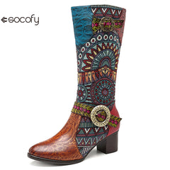 Socofy pointed-toe adhesive-soled high-top cowhide bohemian ethnic style fashion boots