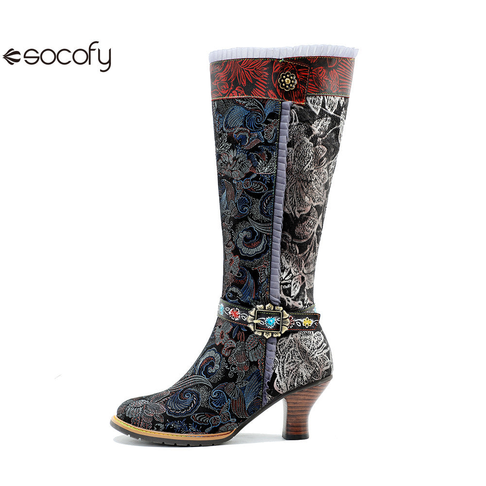 Socofy Genuine Leather Vintage Boots Warm Lace Side Heeled Boots