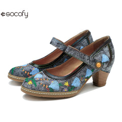 Socofy Spring and summer new retro embroidery Mary Jane thick heeled comfortable high heels