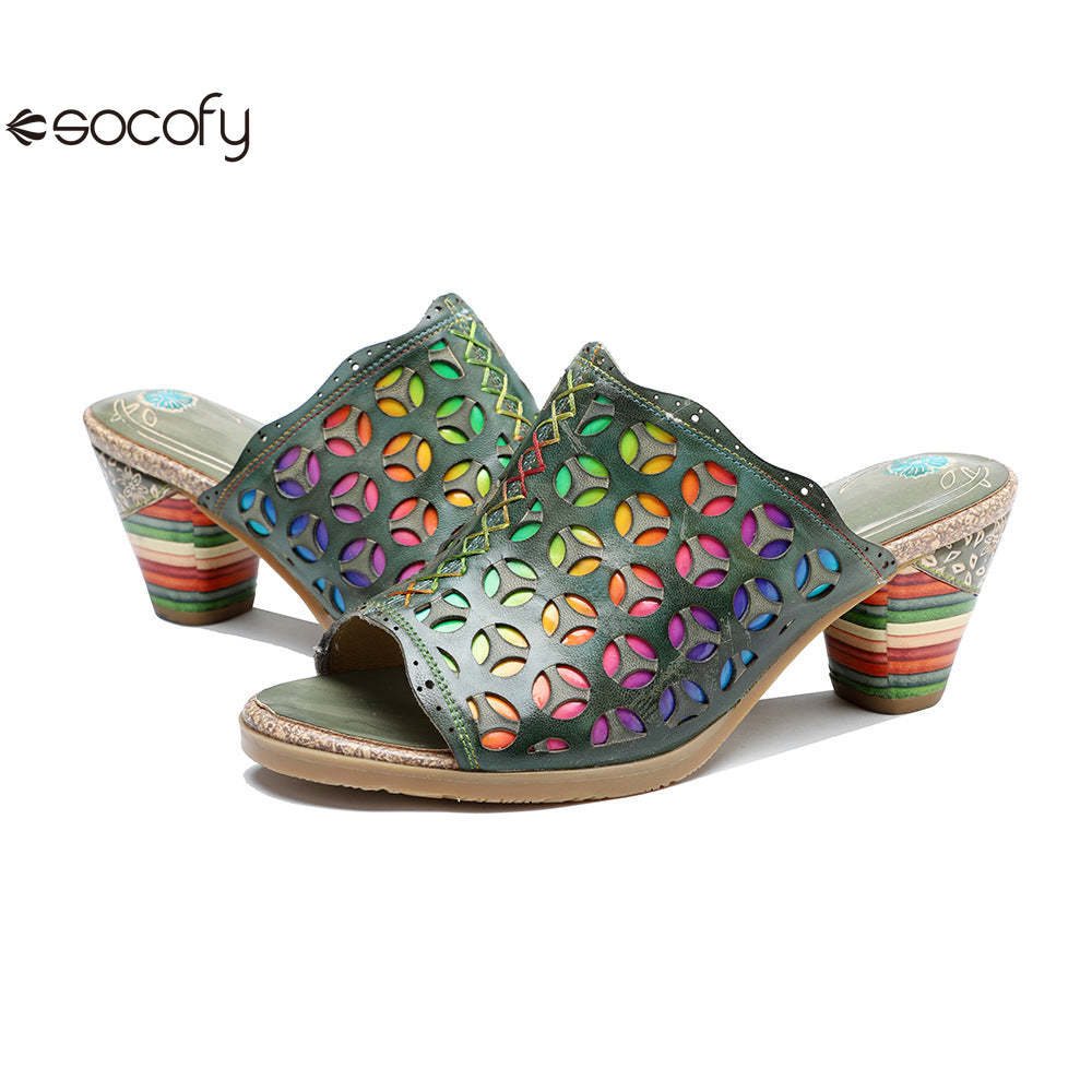 Socofy summer leather rubbed retro colourful hollow out high heel sandals