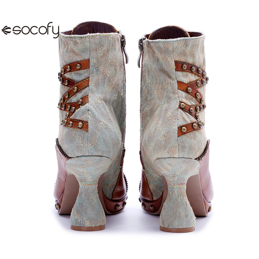 Socofy Vicconfy Retro Handmade Pachwork Fashionable Ankle Boots