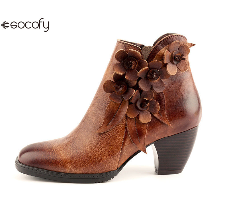 Socofy Genuine Leather Handmade Square Toe Vintage Handmade Flower Boots Woman