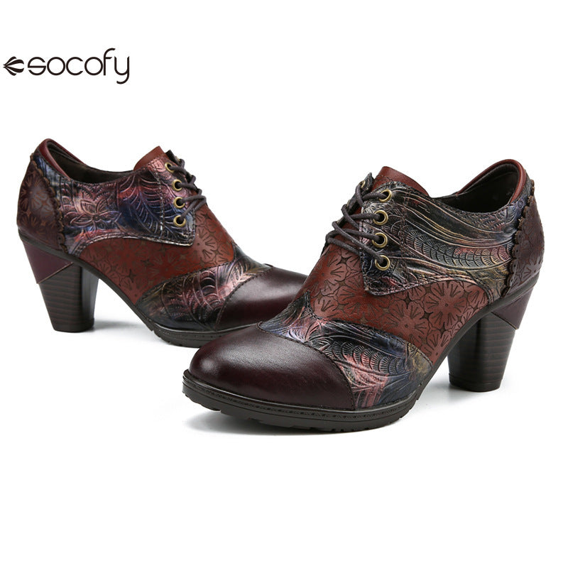 Socofy Genuine leather three-dimensional flower high heel pump