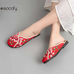 Socofy Spring Summer Outside Embroider Flat Slippers