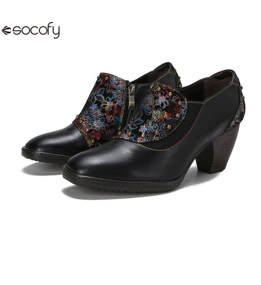 Socofy Vicconfy Round Toe Leather Fashion Side Zipper Heels Single Shoes Women's Shoes 790