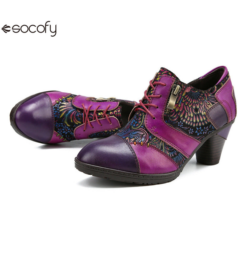 Socofy Vicconfy Genuine leather high heeled three-dimensional flowers drawstring pumps