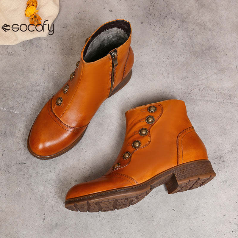 Socofy Vicconfy Women's Rivet Leather Boots Vintage Women's Shoes