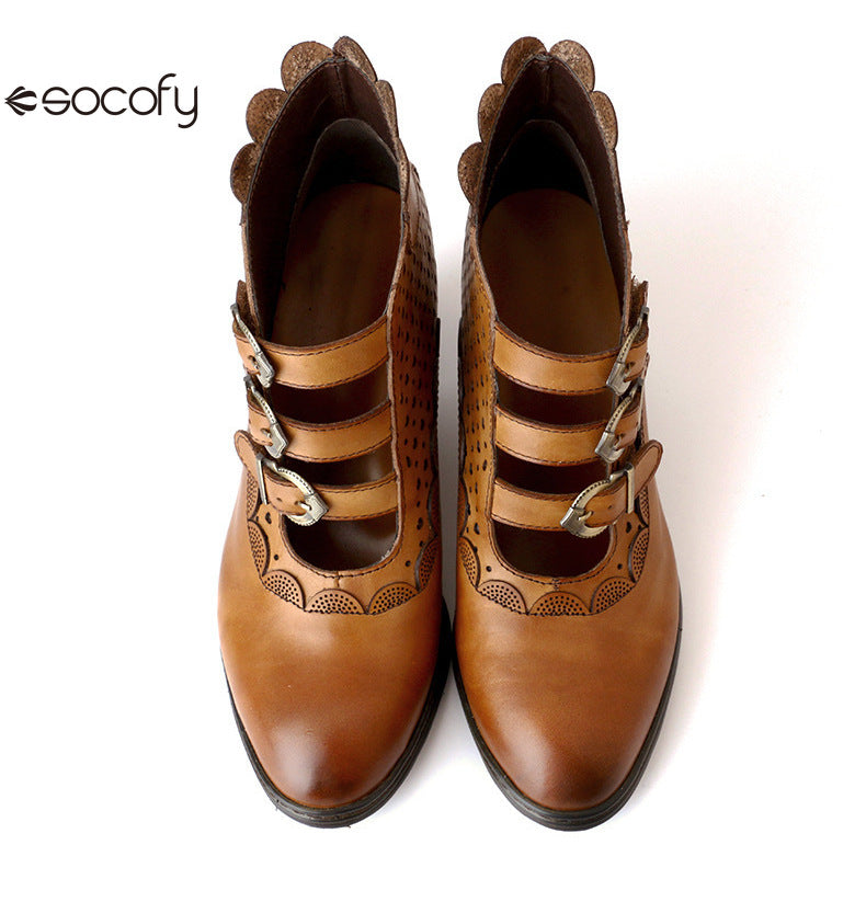 Socofy Vicconfy Retro Cutout High Heel Leather Boots