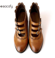 Socofy Vicconfy Retro Cutout High Heel Leather Boots