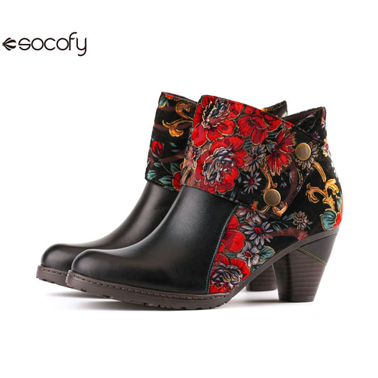 Socofy Autumn ethnic style cowhide thickened mid-calf round toe fashion boots for women 1920