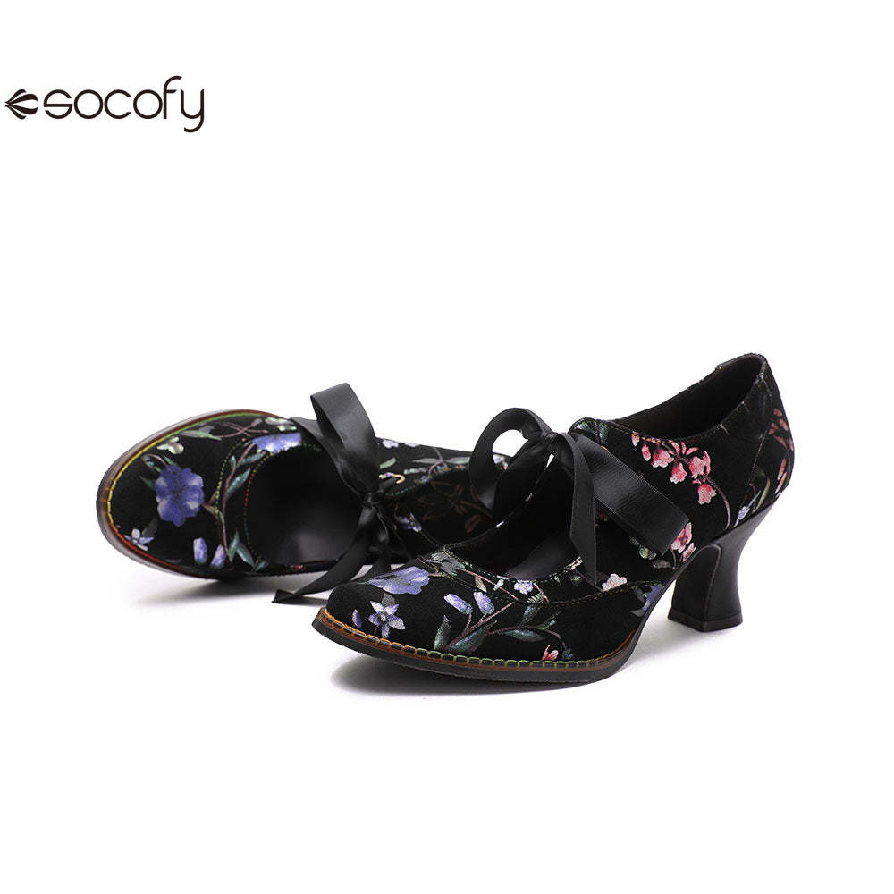 Socofy Flower Antique Style High Heel Round Toe Women's Shoes