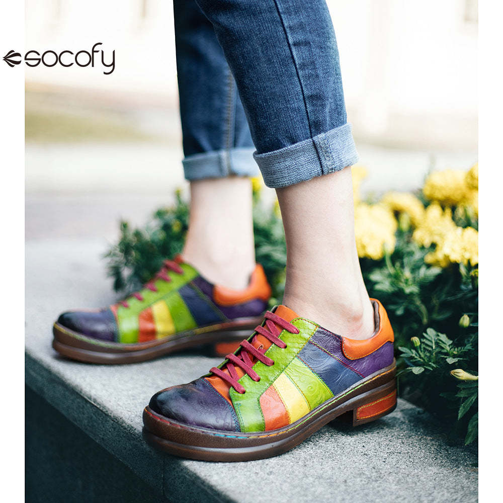 Socofy Colour Patchwork Genuine Leather Women's Flat Shoes