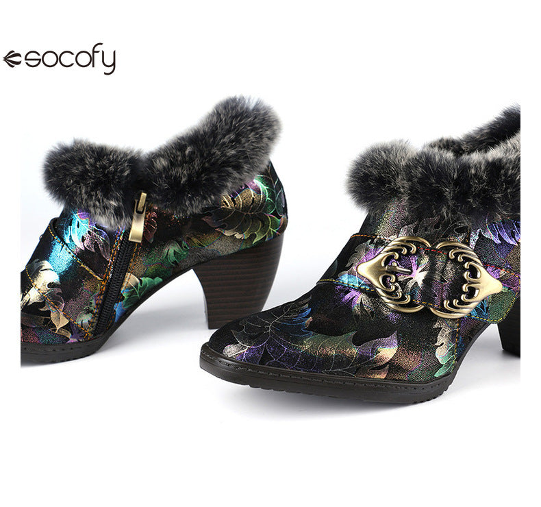 Socofy Vicconfy Genuine Leather Vintage Genuine Wool Patchwork Vintage Illusion Pumps