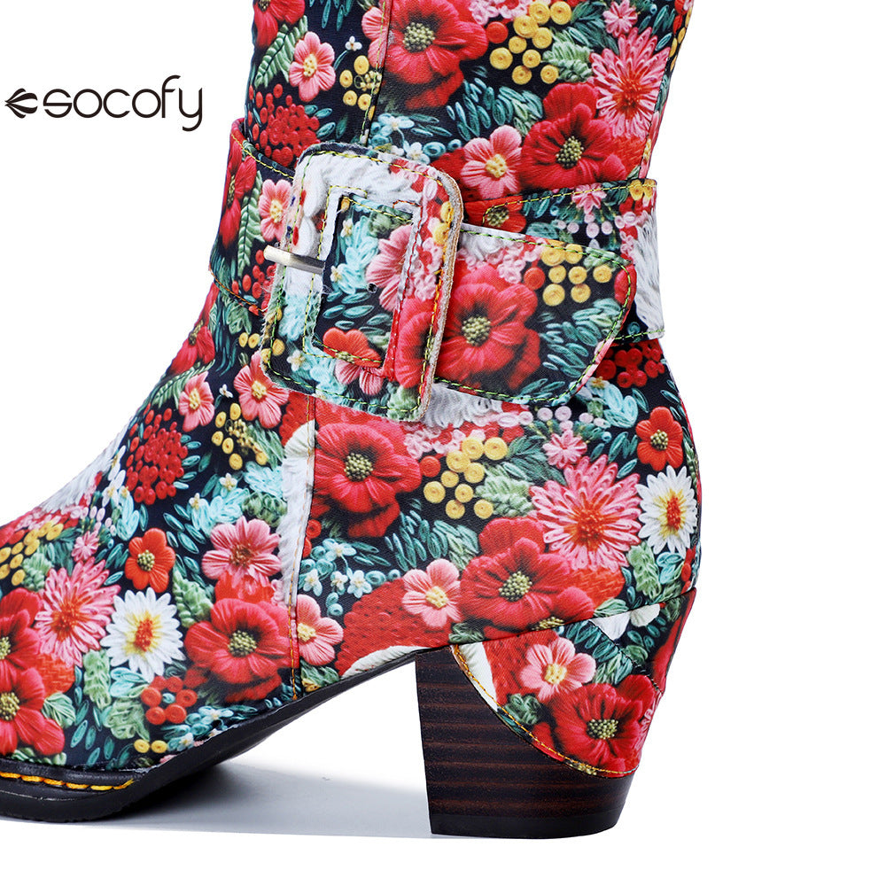 Chrismas Exclusive｜Socofy Vicconfy Vintage Print Casual Chunky Heel Comfort High Boots