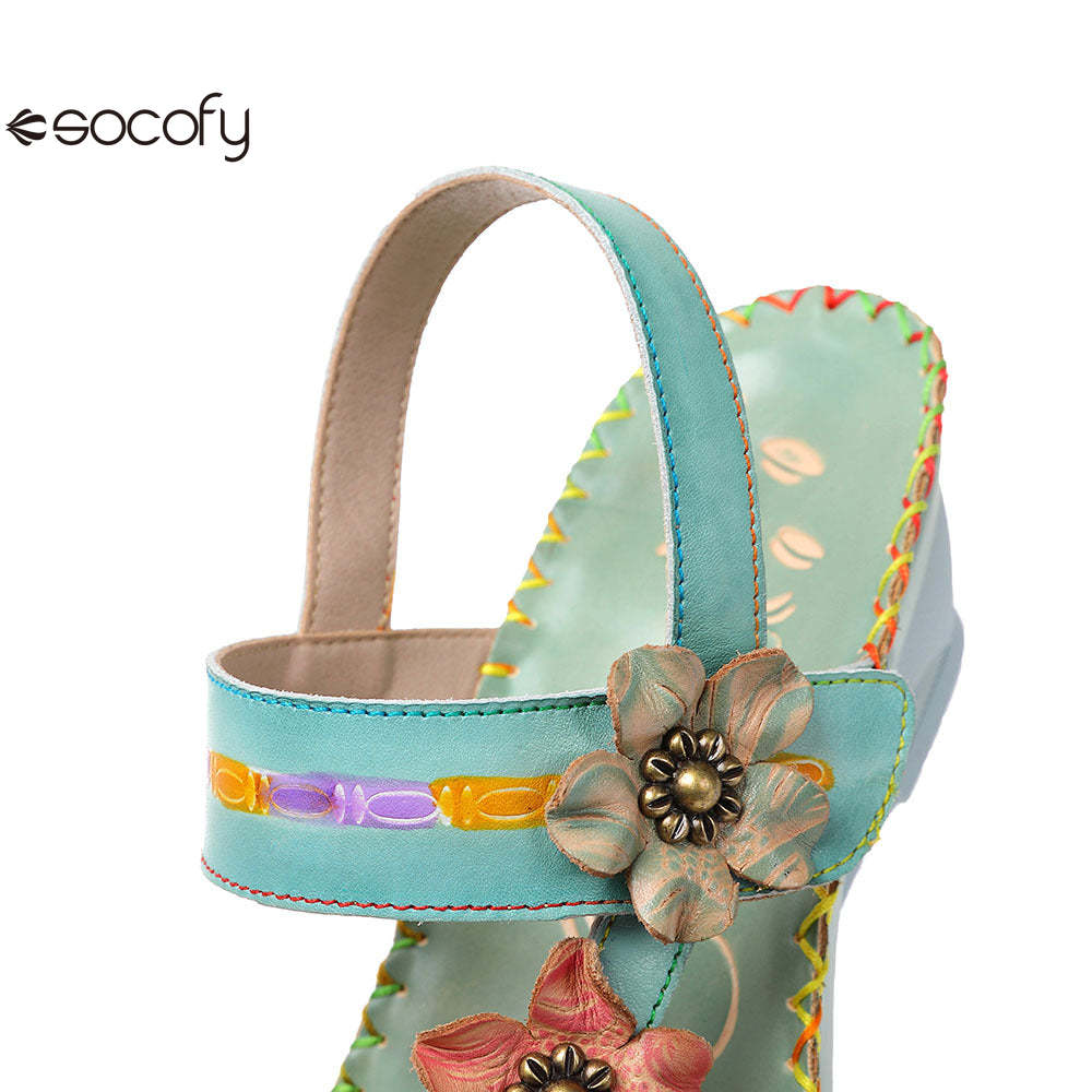 Socofy Vicconfy Genunie Leather Floral Handmade Women's Sandals