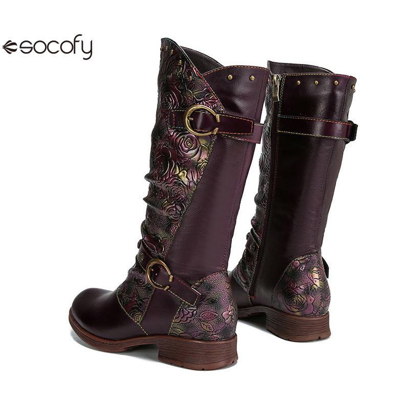 Socofy Vicconfy Side Zipper Vintage Floral Flat Heel Long Boots