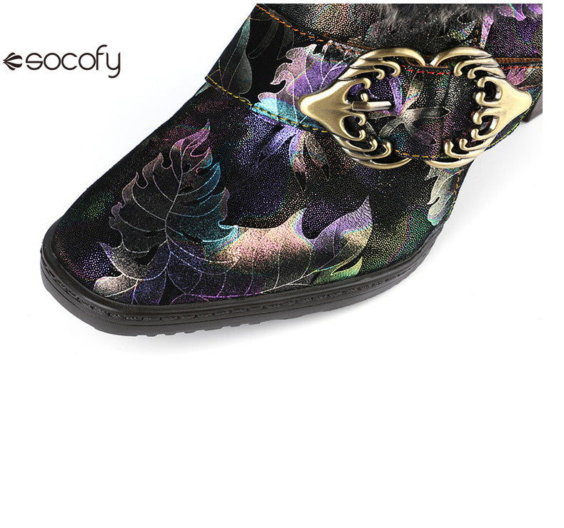 Socofy Vicconfy Genuine Leather Vintage Genuine Wool Patchwork Vintage Illusion Pumps