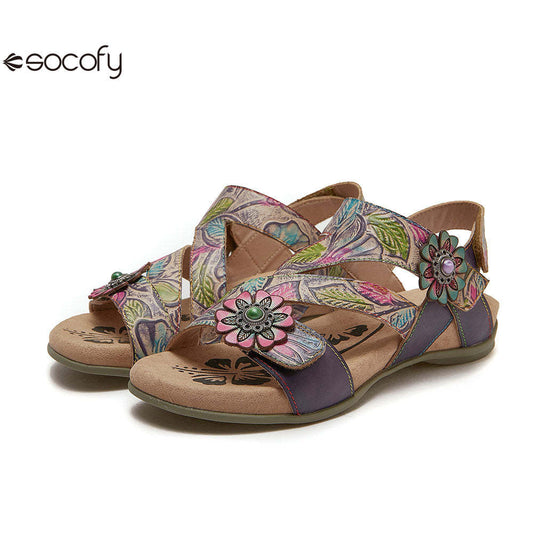 Socofy Bohemian retro first-layer cowhide flower-embellished women's sandals 1000