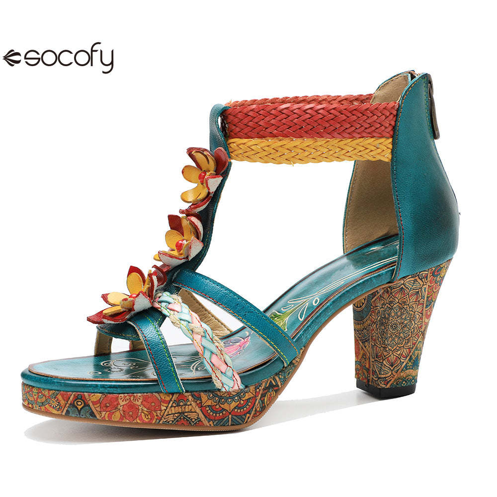 Socofy summer genuine leather braided retro fashion high-heeled women's sandals