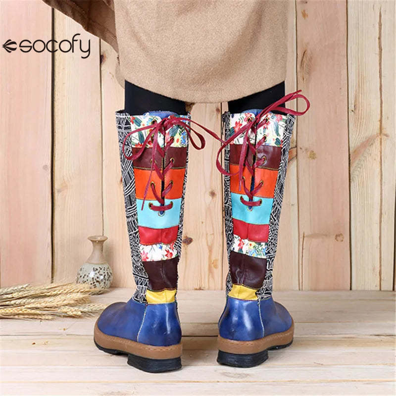 Socofy Vinatge Handmade Knee High Boots For Women Genuine Leather Shoes Women