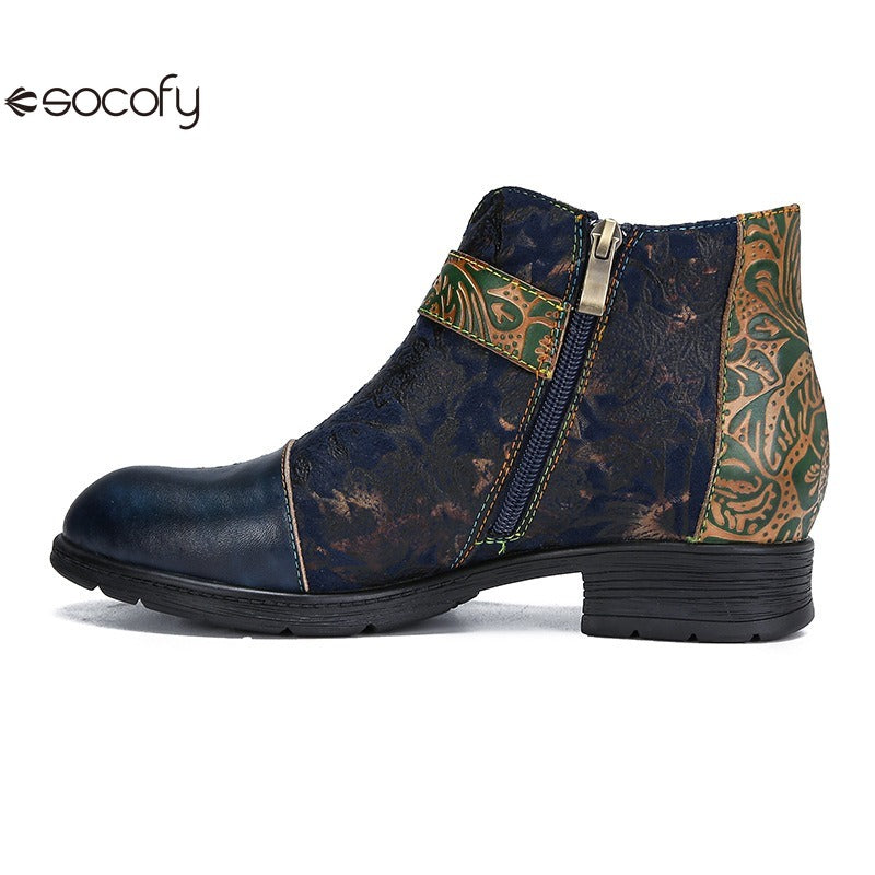 SOCOFY Genuine Leather Ethnic Style Round Toe Belt Buckle Handmade Embossing Short Boots