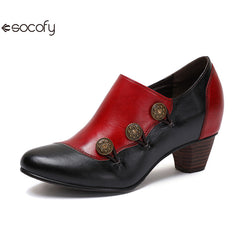 Socofy Vicconfy Genuine Leather Ethnic Style Handmade Vintage Literary Buckle Heels